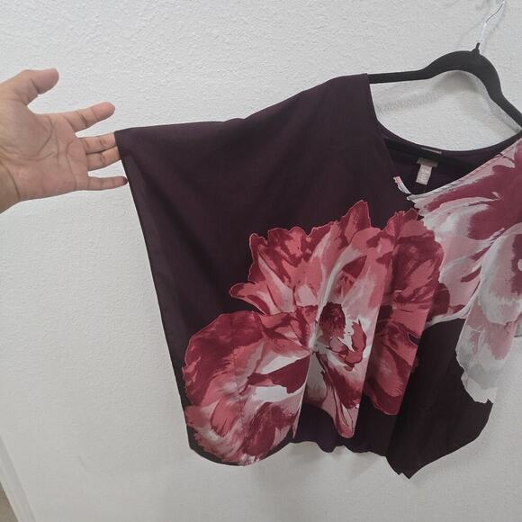 Chico’s S/M Sheer Floral Blouse Burgundy Pink Oversized Poncho Top Flowy - Picture 4 of 11